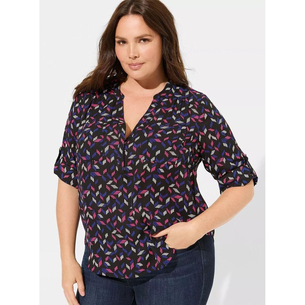 Torrid 0 Large Harper Black Pink Blue Roll‎ Tab 3/4 Sleeve Pockets Tunic Top